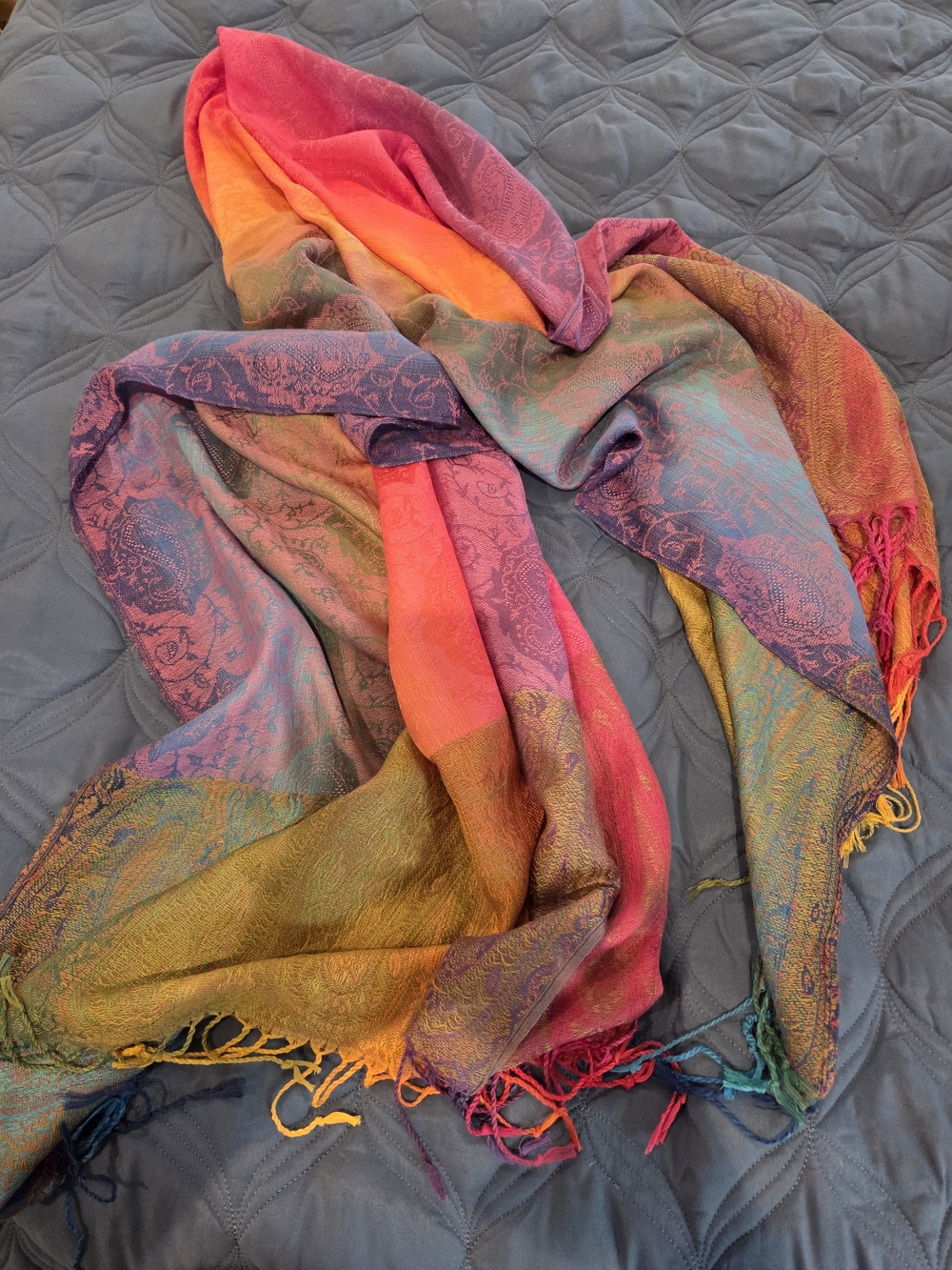 Multicolor Paisley Fringe Scarf - Vibrant Gradient Women’s Accessory